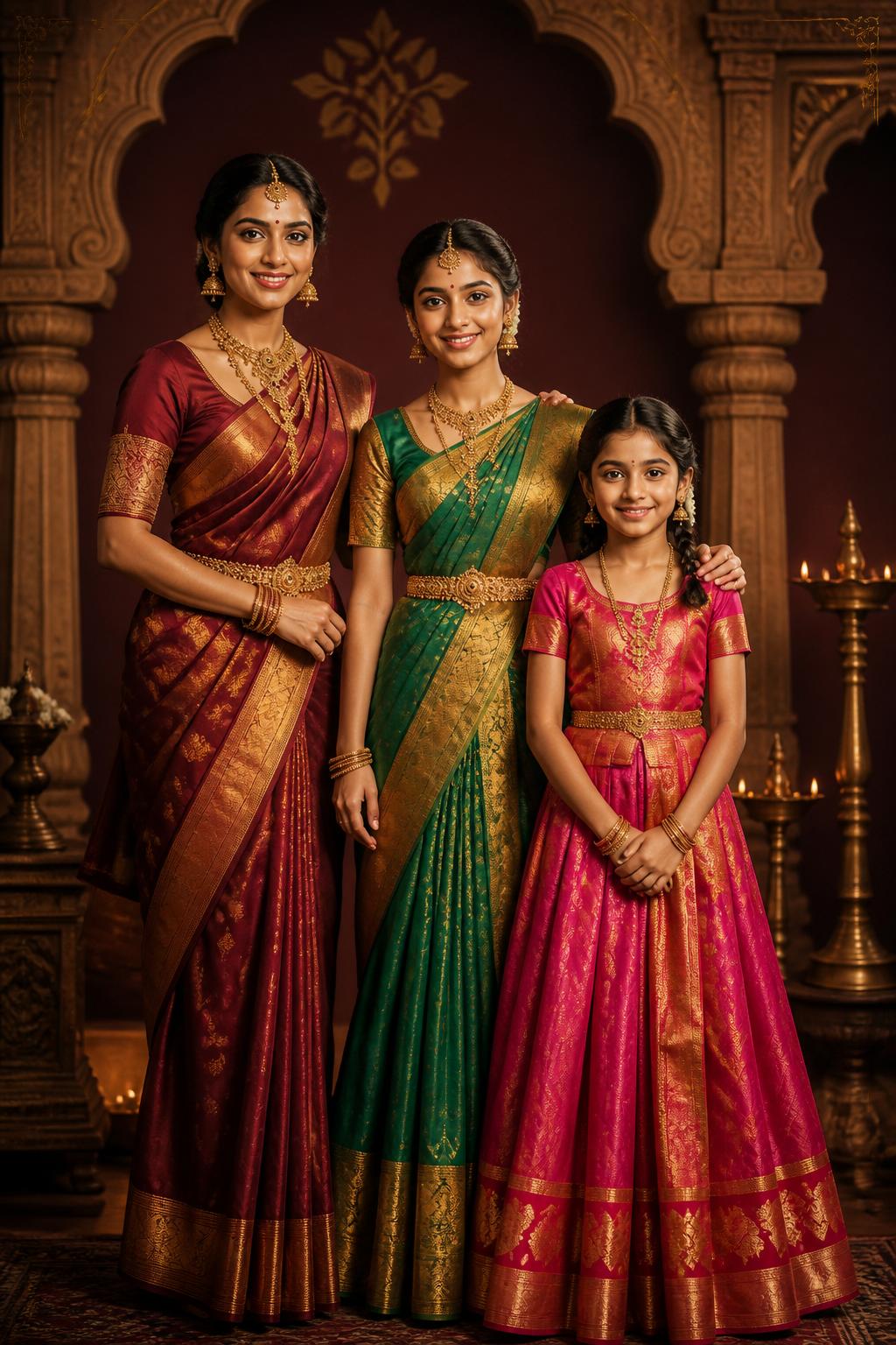 Three generations of Indian women in luxury sarees and traditional festive attire — SREEVASTRA editorial